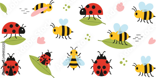 Set of cute honeybee and ladybug vector illustrations featuring friendly insects on green leaves with floral elements for spring and garden designs.