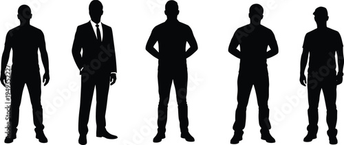 Set of black men silhouettes, standing male figures in casual and formal business suits, professional group isolated on white background, vector.