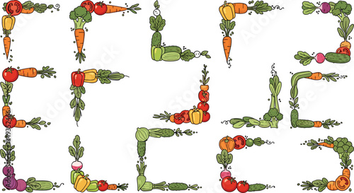 Organic vegetable corner borders and decorative frame elements featuring hand drawn carrots tomatoes peppers broccoli and greens for healthy food menus.