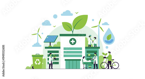 Green Healthcare System with Sustainable Energy & Nature Integration. Doctors, Patients, & Eco-Friendly Practices at a Modern Hospital.