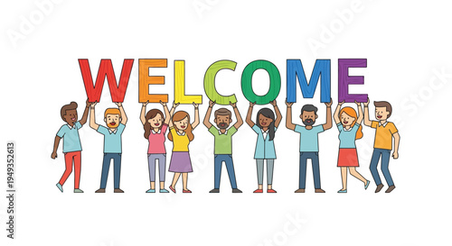 Diverse group of people holding letters spelling out welcome