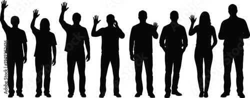 Diverse group of people silhouettes standing and waving hands or voting isolated on white background for community and teamwork projects,