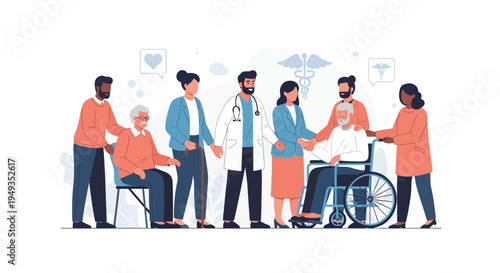 Diverse Care Team Providing Compassionate Healthcare and Support for Elderly Patients. Doctors, Caregivers, and Family Members Assist Seniors with Medical Needs.