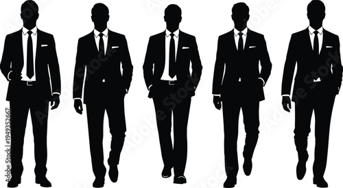 Professional businessmen silhouettes in formal suits walking and standing isolated on white background for corporate leadership and successful teamwork projects,