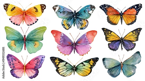 Vibrant Watercolor Butterflies Collection on White Background for Design