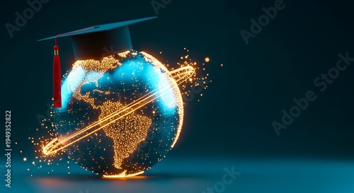 Graduate cap floats above glowing planet Earth. Golden sparks swirl around continents and oceans. Planet spins gently on dark, reflective surface. Stylish composition blends education