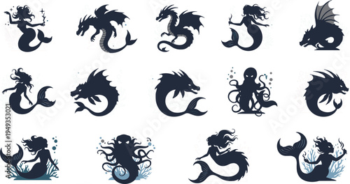 Set of mythical sea creature silhouettes featuring mermaids sea dragons and krakens for fantasy book covers nautical folklore and marine adventure illustrations.