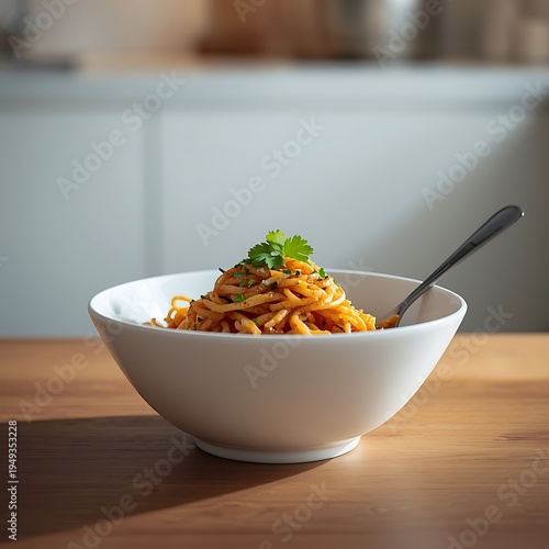 A bowl of maggi noodles with a fork lifting some, on a white background
