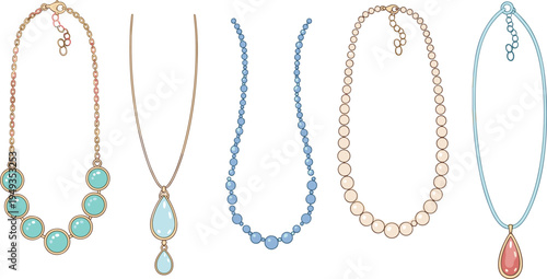 Elegant Jewelry Necklace Collection Featuring Pearl Beads Diamond Pendants and Gemstone Chains for Fashion Illustration Beauty Branding Wedding Designs and Luxury Vector Graphics