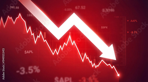 Financial stock market crash representation showing red chart with downward arrow and ticker symbols