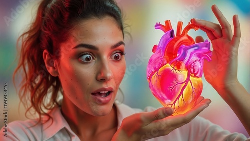 Surprised woman looking at glowing anatomical human heart model. Cardiology and medical science concept. Healthcare and anatomy education