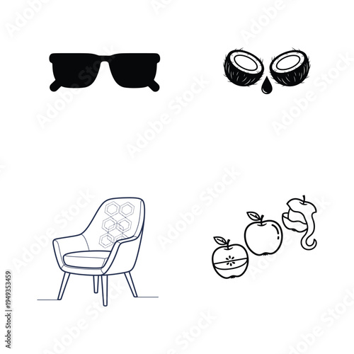 Four Black And White Line Of Various sunglasses coconut chair honeycomb apples