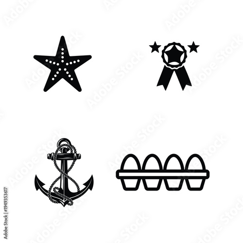 Four black nautical and on white star anchor rope ribbon stars
