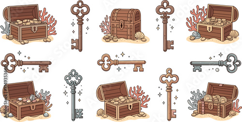 Set of vintage wooden treasure chests and ornate skeleton keys with coral and sand details for pirate adventure games and maritime illustrations.