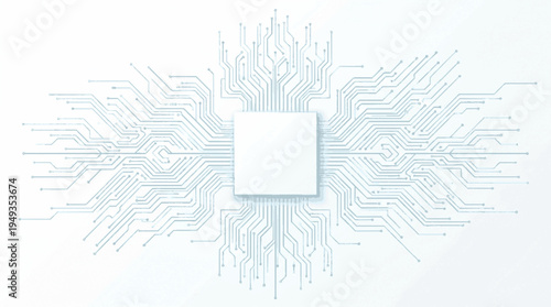 Intricate light circuit board design on minimalist white background for technology concepts