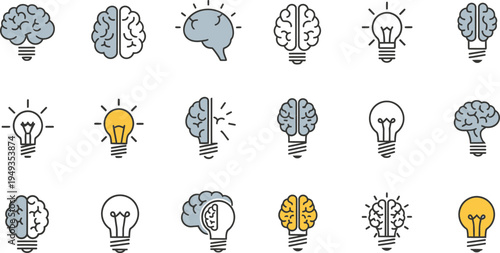 Assortment of Brain and Lightbulb Icons Symbolizing Ideas and Intelligence Keywords: brain, lightbulb, idea, intelligence, thinking, concept