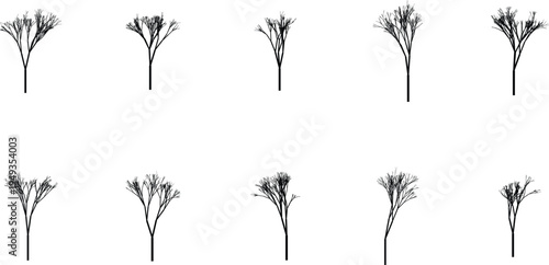 A collection of ten unique digital tree silhouettes displayed in a two row grid on white background