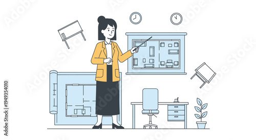 A female architect presents a building plan using a pointer