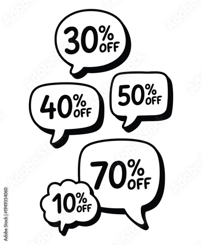 Set of rounded black speech bubbles showing different discount percentages from ten to seventy percent for retail sales promotions