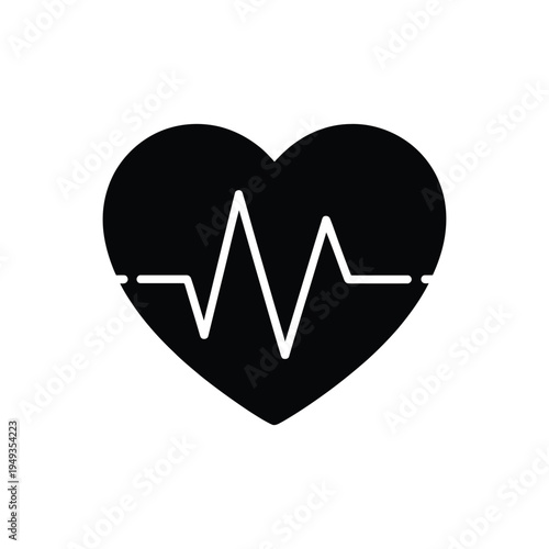 Black heart shape with pulse cardiogram line icon representing healthcare monitoring and medical diagnostic equipment vector illustration