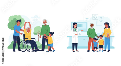 Family Healthcare and Senior Care Illustration: Doctor Consultations, Active Rehabilitation, and Intergenerational Support