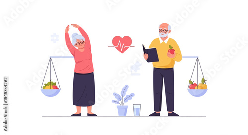 Elderly Couple Embracing Healthy Aging: Balancing Exercise, Nutrition, and Mental Wellness for a Fulfilling Senior Life