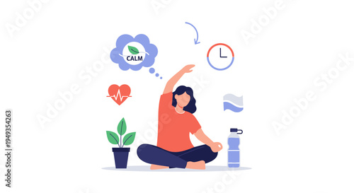 Mindful Woman Practicing Yoga for Holistic Wellness and Self-Care Illustration