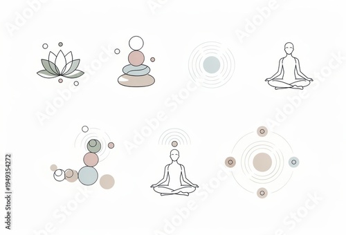 Serene mindfulness illustrations depicting abstract concepts of balance nature meditation and tranquility captured in soft pastel colors with organic forms radiating harmony