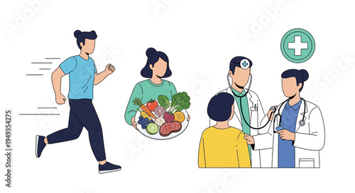 Healthy Lifestyle Concept: Exercise, Balanced Diet & Medical Check-ups for Holistic Wellness and Disease Prevention