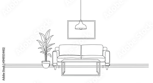Minimalist living room interior with sofa plant and framed artwork