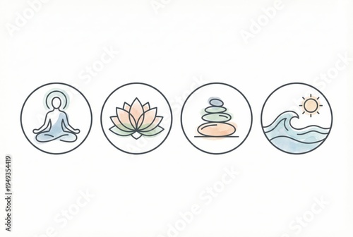 Meditative journey through tranquility represented by circular icons showcasing mindfulness, lotus flower, stacked stones, and ocean waves encapsulating peacefulness and harmony