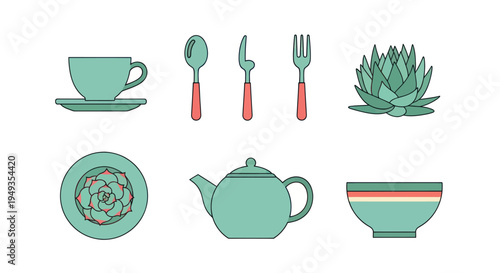 Green teacup cutlery plant flat design