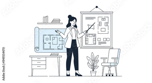 A woman presents architectural plans and designs in a modern office space