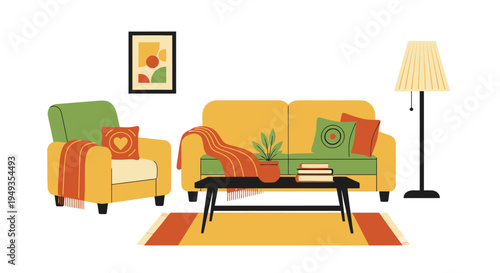 A brightly colored living room with a sofa armchair and decorative accents