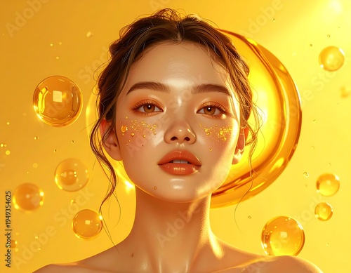 Golden beauty, radiant skin, yellow bubbles