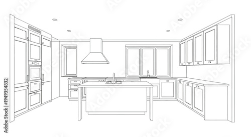Line drawing of a modern kitchen interior with island and appliances