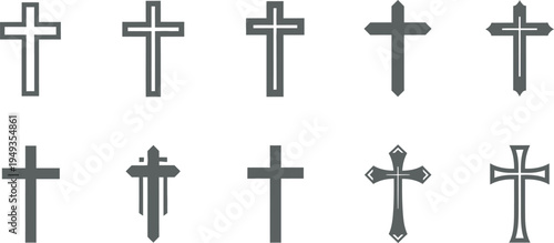 Collection of various Christian cross symbols in grey religion faith
