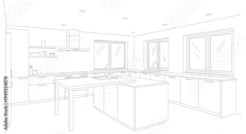 Line drawing of a modern kitchen interior with an island and appliances