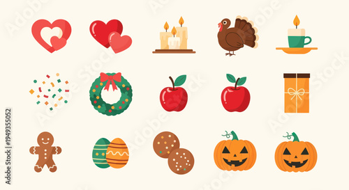 Holiday icons festive symbols and elements