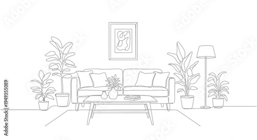 Minimalist living room interior with sofa plants and framed artwork