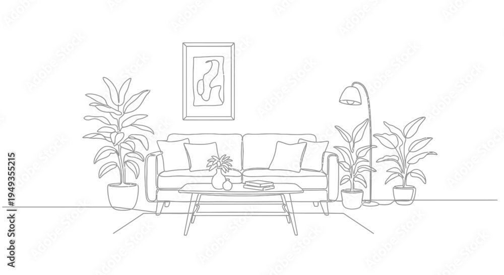 Fototapeta premium Minimalist living room interior with sofa plants and wall art drawing