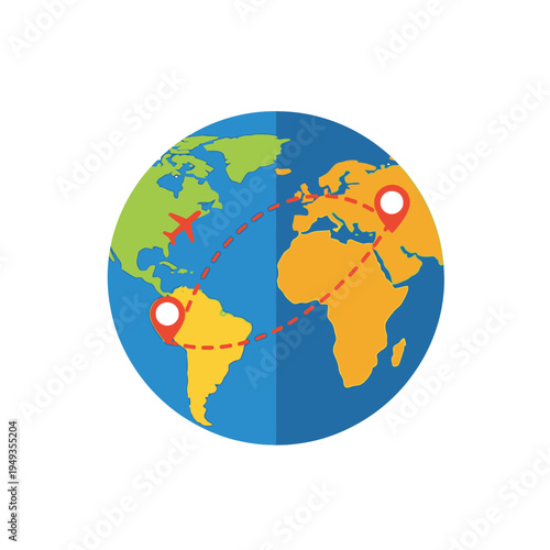Global travel route with airplane connecting continents and pin locations