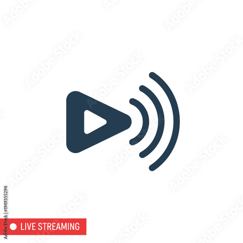 Live streaming play button icon with signal waves on white background