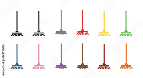 A collection of twelve colorful brooms with long handles and bristles, arranged in two rows on a white background, featuring various hues.