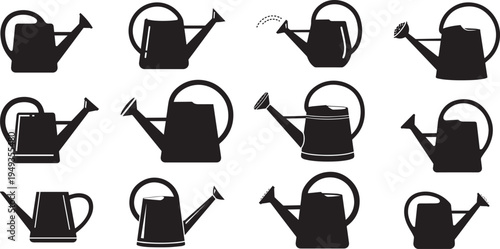 Watering can icons in various artistic styles: silhouette, sketch, pixel, and more.