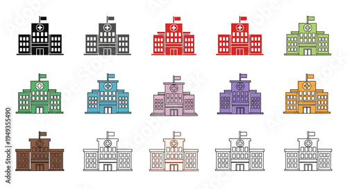 Collection of cartoon hospital building icons in various colors and styles on a white background.