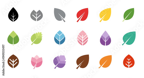 A collection of colorful stylized leaf icons with geometric designs, representing nature and growth in a modern graphic style.
