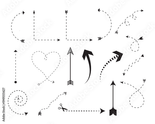 Hand Drawn Arrow Path Set Dashed Line Direction Arrows Vector Collection, Curved Arrow Route Icons Isolated