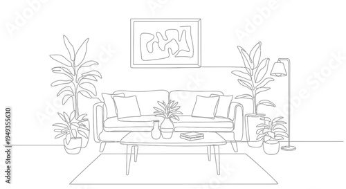 Minimalist living room interior with sofa plants and wall art sketch