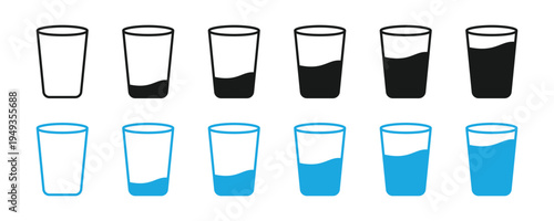 Water glass icon set. Drinking water glass icon. Full and empty glass of water icon set. Glass with water isolated set. Milk or juice cup symbol. Vector illustration